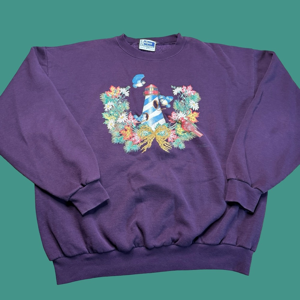 Vintage Endless Designs Sweatshirt 3X Purple Lighthouse Floral USA Crewneck 90s